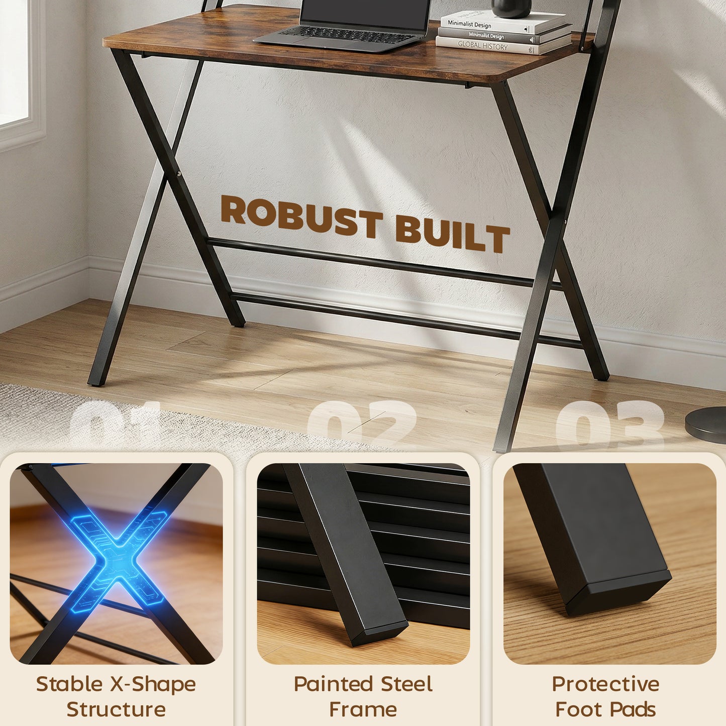 Compact Folding Desk for Small Spaces | Upper Storage Shelf | X-Frame | Melamine Surface | Curved Corners | Folds to 4.5cm | 86x66x82cm | Rustic Brown