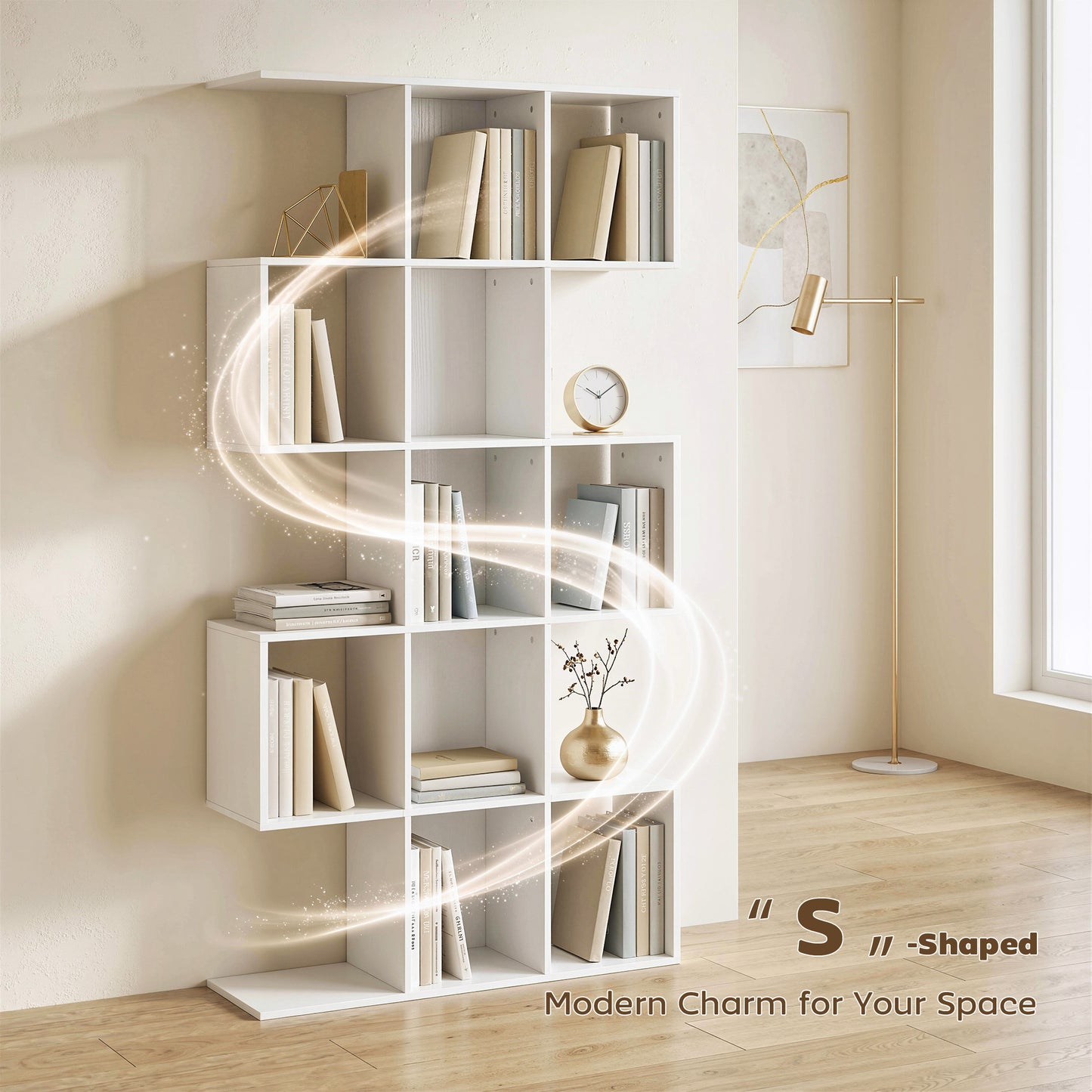 5-Tier S-Shaped Bookcase | 15 Compartments | White Wood Effect