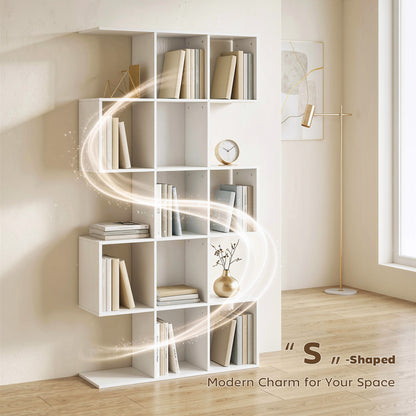5-Tier S-Shaped Bookcase | 15 Compartments | White Wood Effect