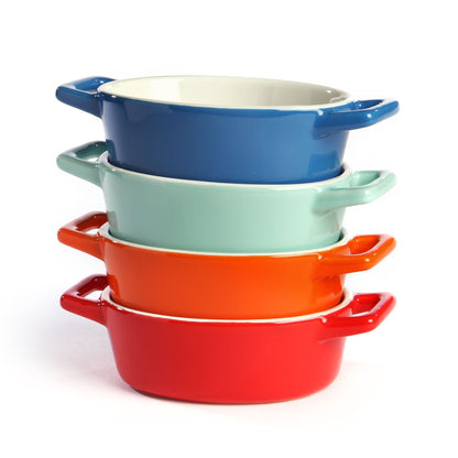 Maison & White Mini Ceramic Oven Dishes Set of 4 | Blue Red Orange Green | Carry Handles | Oven Microwave Freezer Dishwasher Safe to 200°C | 10x12x4cm | Casserole Tapas Pie | 2-Year Warranty