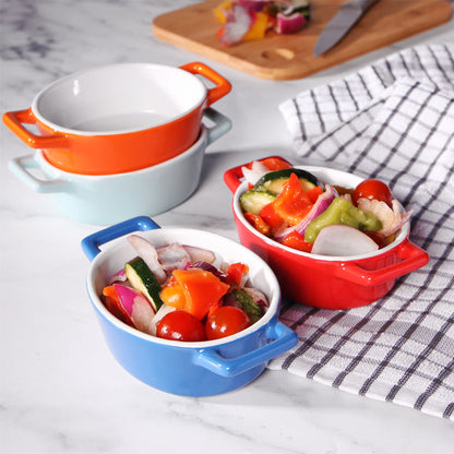 Maison & White Mini Ceramic Oven Dishes Set of 4 | Blue Red Orange Green | Carry Handles | Oven Microwave Freezer Dishwasher Safe to 200°C | 10x12x4cm | Casserole Tapas Pie | 2-Year Warranty