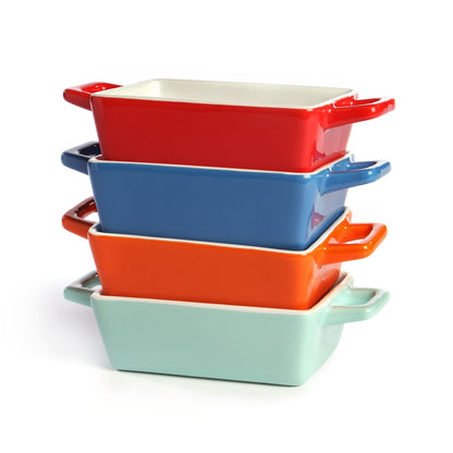Maison & White Mini Ceramic Oven Dishes Set of 4 Rectangle | Blue Red Orange Green | Carry Handles | Oven Microwave Freezer Dishwasher Safe to 200°C | 4x12x9cm | Casserole Tapas Pie | 2-Year Warranty