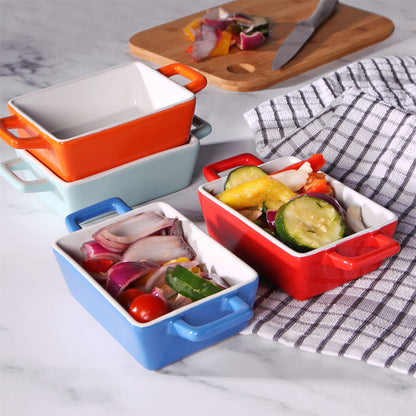 Maison & White Mini Ceramic Oven Dishes Set of 4 Rectangle | Blue Red Orange Green | Carry Handles | Oven Microwave Freezer Dishwasher Safe to 200°C | 4x12x9cm | Casserole Tapas Pie | 2-Year Warranty