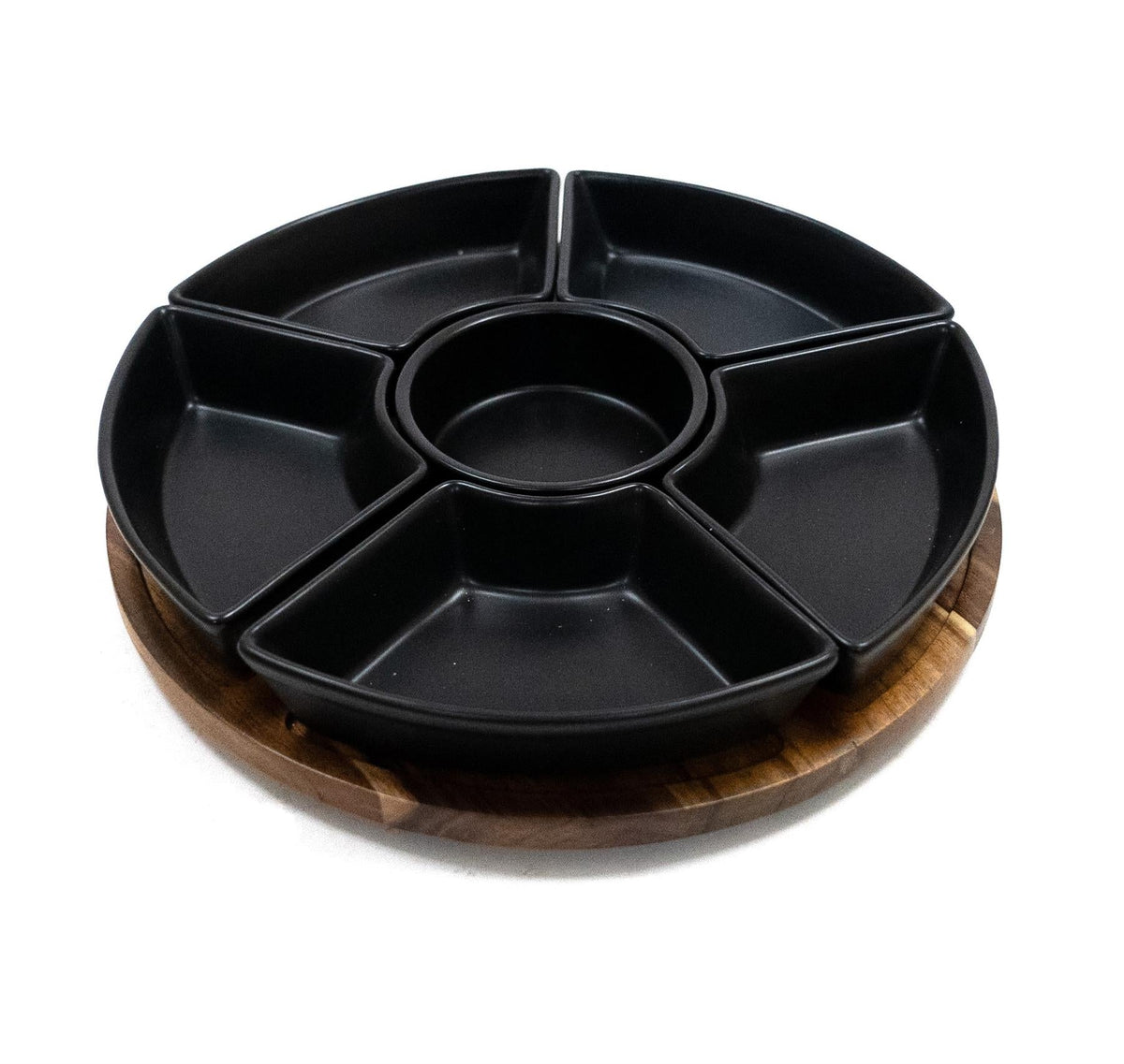 Maison & White Acacia Rotating Dip Set | 6 Ceramic Bowls | 360° Lazy Susan | 30.5cm Diameter | Acacia & Stoneware | Hand Wash | Fragile | 2-Year Warranty