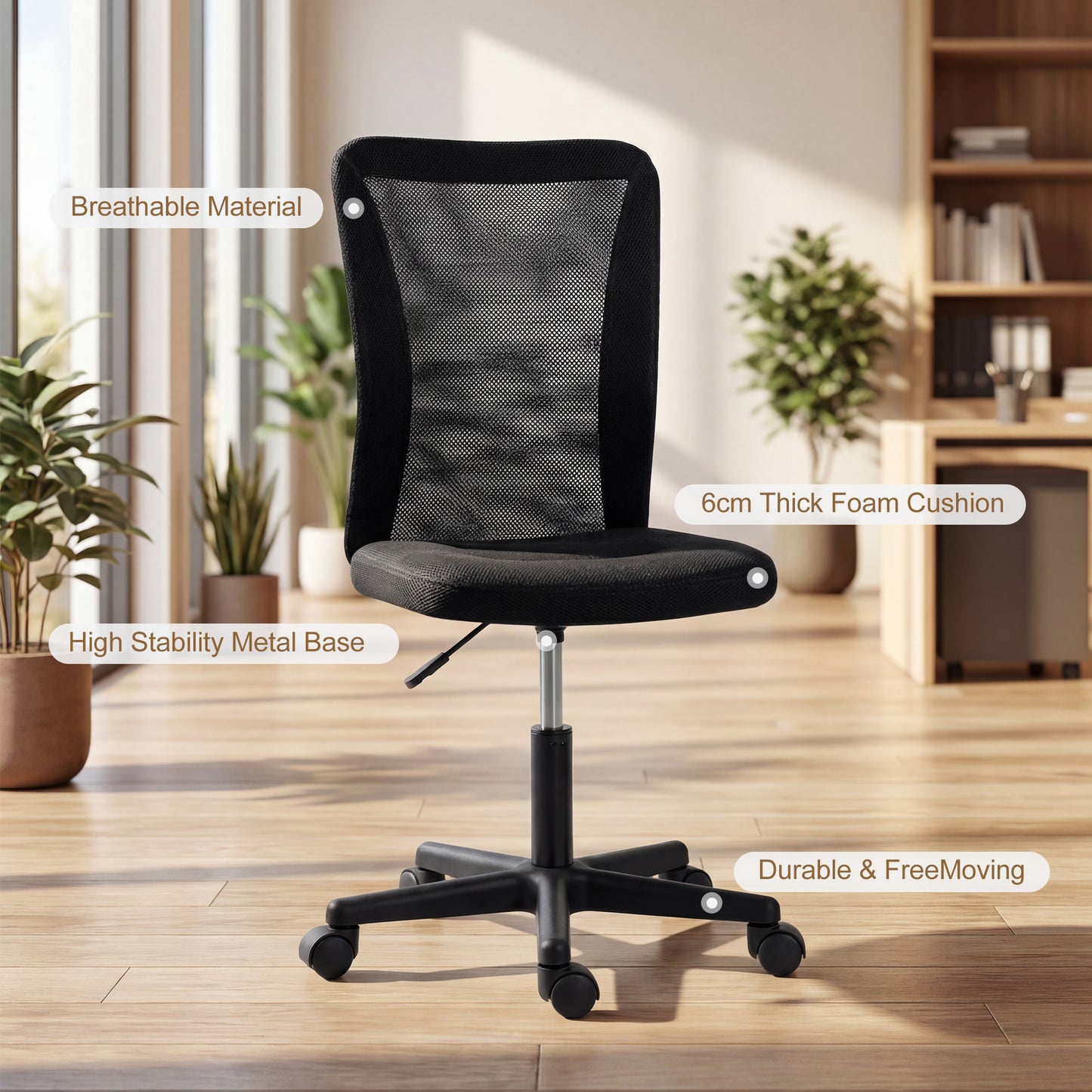Armless Mesh Office Chair | 360° Swivel | Adjustable Height 40-52cm | 6cm Padded Seat | Breathable Curved Mesh Back | 120kg | Compact Space Saving | Black