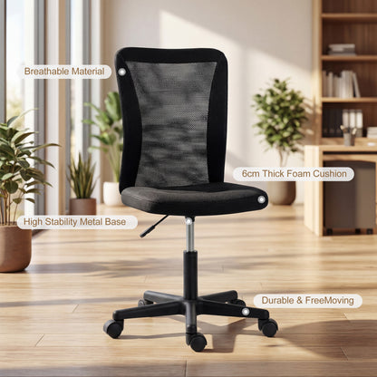 Armless Mesh Office Chair | 360° Swivel | Adjustable Height 40-52cm | 6cm Padded Seat | Breathable Curved Mesh Back | 120kg | Compact Space Saving | Black