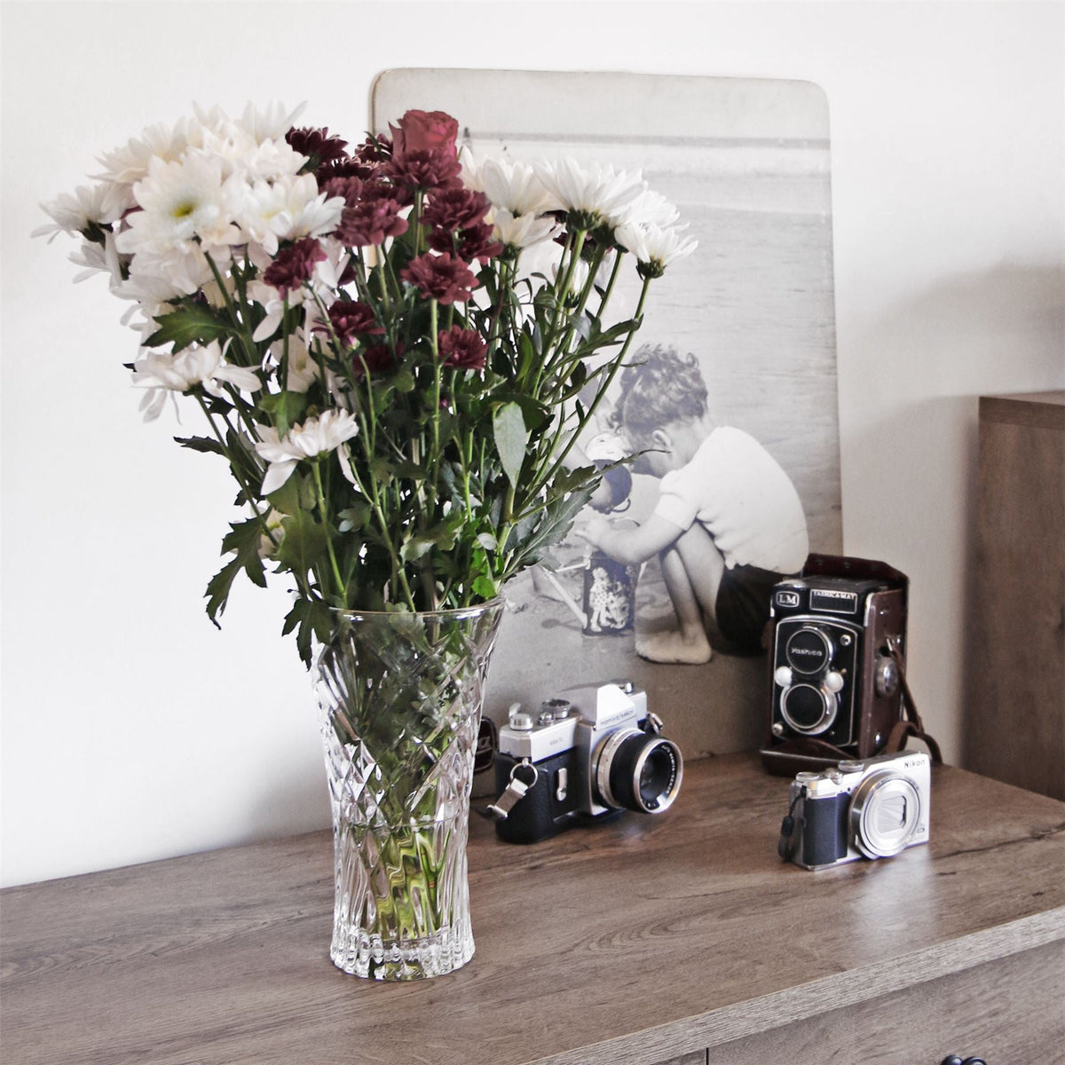 Maison & White Crystal Cut Glass Flower Vase 23cm | Watertight | Fresh & Faux Flowers | Candle Holder | Vintage Cut Glass Design | Light-Refracting Facets | Table Centrepiece | 23x12.5cm | 2-Year Warranty