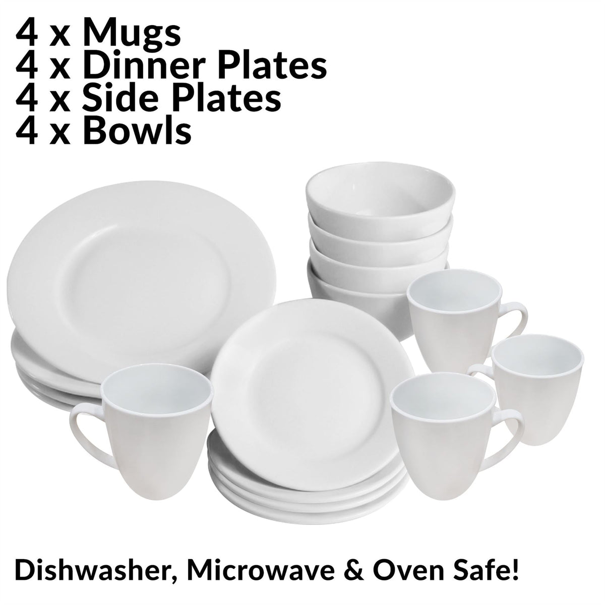 Maison & White 16-Piece White Porcelain Dinner Set | AB-Grade Porcelain | High-Temp Glaze | Serves 4 | 4 Mugs 4 Side Plates 4 Dinner Plates 4 Bowls | Microwave Dishwasher Safe | 2-Year Warranty