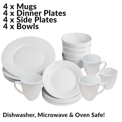 Maison & White 16-Piece White Porcelain Dinner Set | AB-Grade Porcelain | High-Temp Glaze | Serves 4 | 4 Mugs 4 Side Plates 4 Dinner Plates 4 Bowls | Microwave Dishwasher Safe | 2-Year Warranty