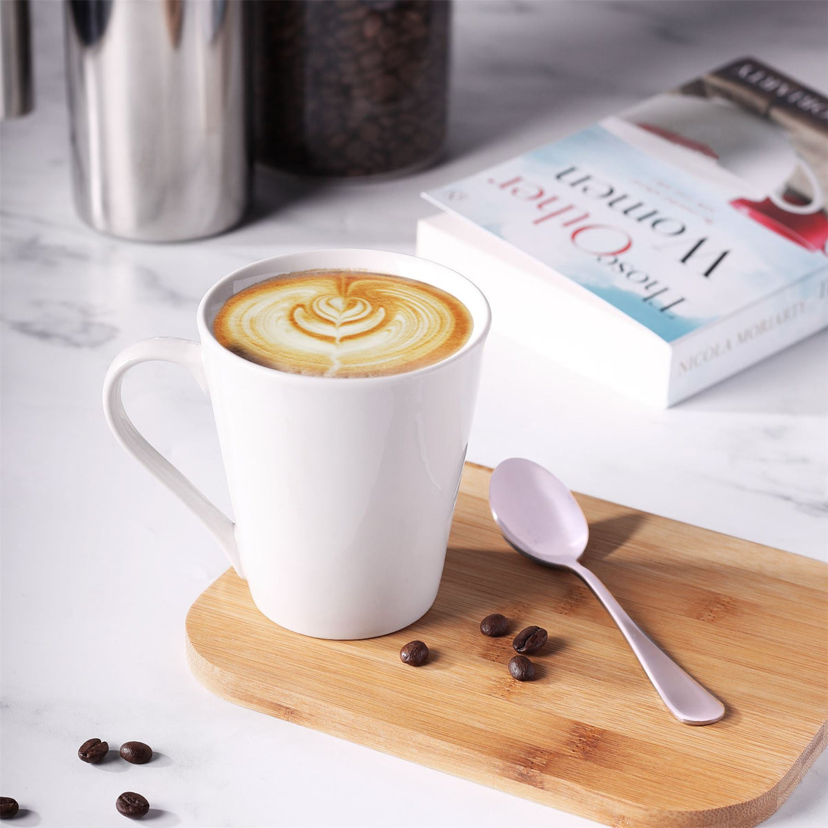 Maison & White White Porcelain Coffee Mugs | Set of 12 | 285ml Stackable Tea Cups | Dishwasher & Microwave Safe