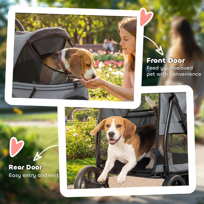 3-Wheel Dog Stroller | Dual Entry | One-Click Fold | Panoramic Mesh Windows | Washable Cushion | 600D Oxford | 20kg | Grey