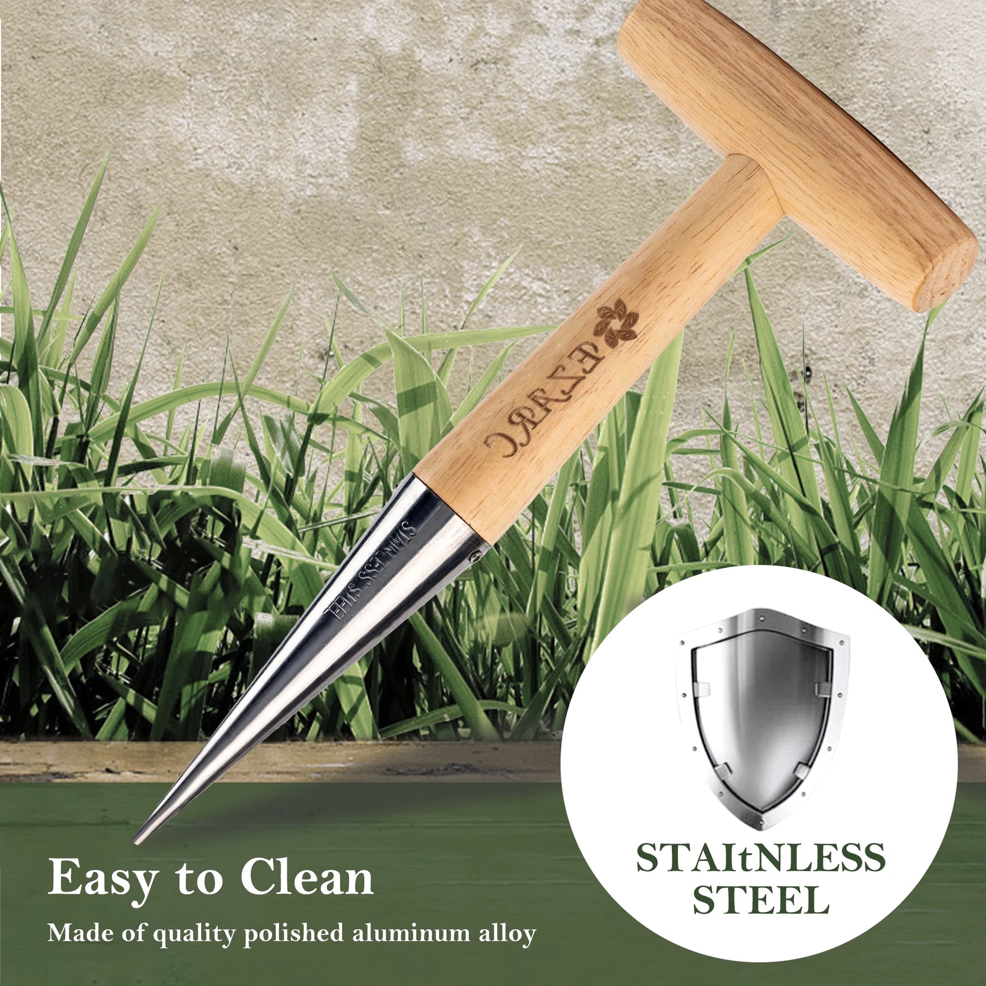 EZARC Garden Hole Punch Dibber for Planting Seeds 10.5-Inch Stainless Steel Hand Sow Dibber with Wooden Handle