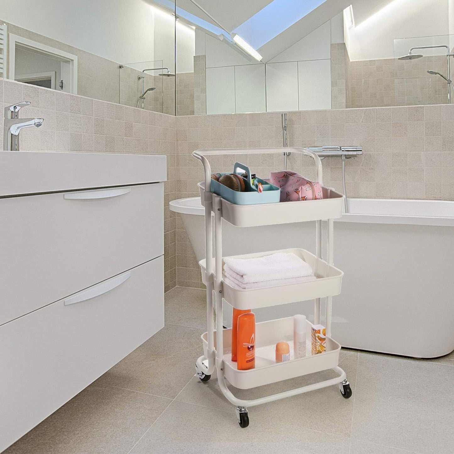 3-Tier Storage Trolley | 4 Wheels with 2 Locks | 10kg Per Tier | ABS Plastic & Steel Frame | Rust & Scratch Resistant | 43x36x86cm | Kitchen Bathroom Bedroom | White