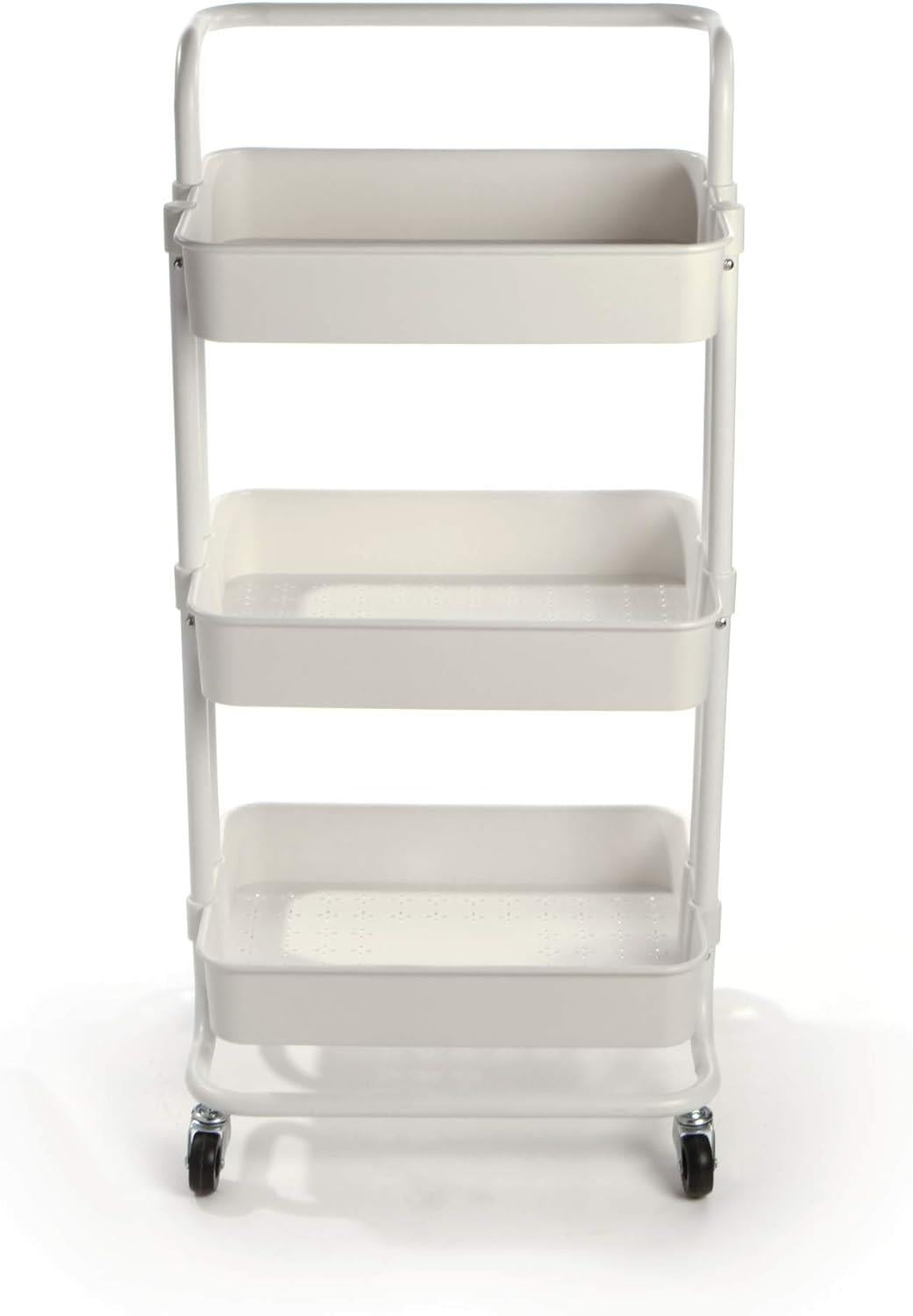 3-Tier Storage Trolley | 4 Wheels with 2 Locks | 10kg Per Tier | ABS Plastic & Steel Frame | Rust & Scratch Resistant | 43x36x86cm | Kitchen Bathroom Bedroom | White