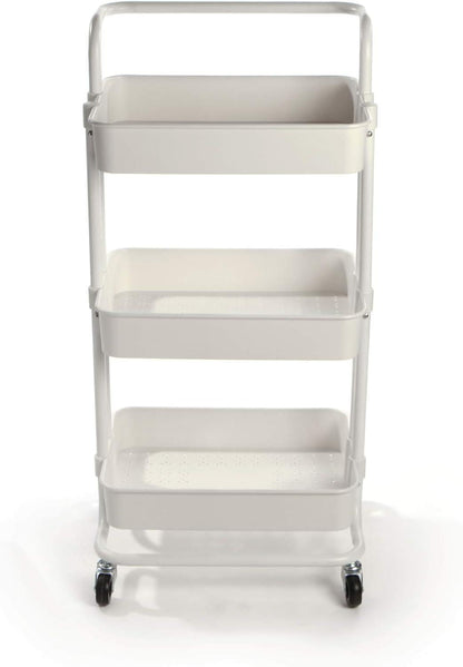3-Tier Storage Trolley | 4 Wheels with 2 Locks | 10kg Per Tier | ABS Plastic & Steel Frame | Rust & Scratch Resistant | 43x36x86cm | Kitchen Bathroom Bedroom | White