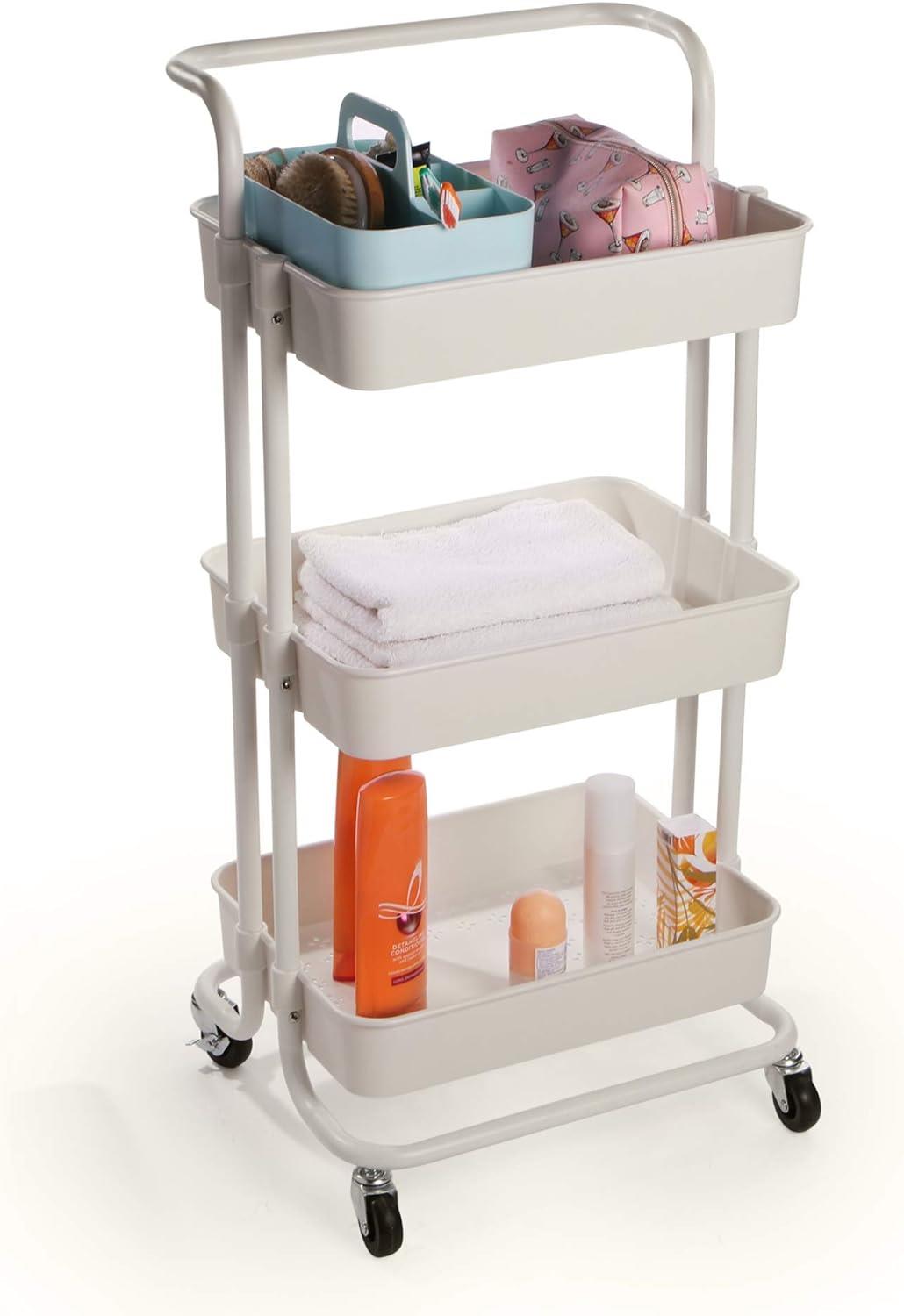 3-Tier Storage Trolley | 4 Wheels with 2 Locks | 10kg Per Tier | ABS Plastic & Steel Frame | Rust & Scratch Resistant | 43x36x86cm | Kitchen Bathroom Bedroom | White