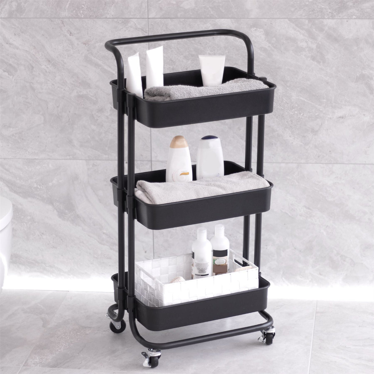 Maison & White 3 Tier Storage Trolley | Black | ABS Plastic & Powder Coated Steel Frame | 43x36x86cm | 4 Rubber Wheels 2 Locking | 10kg Per Tier | Rust & Scratch Resistant | Kitchen Bathroom Bedroom Office | 2-Year Warranty