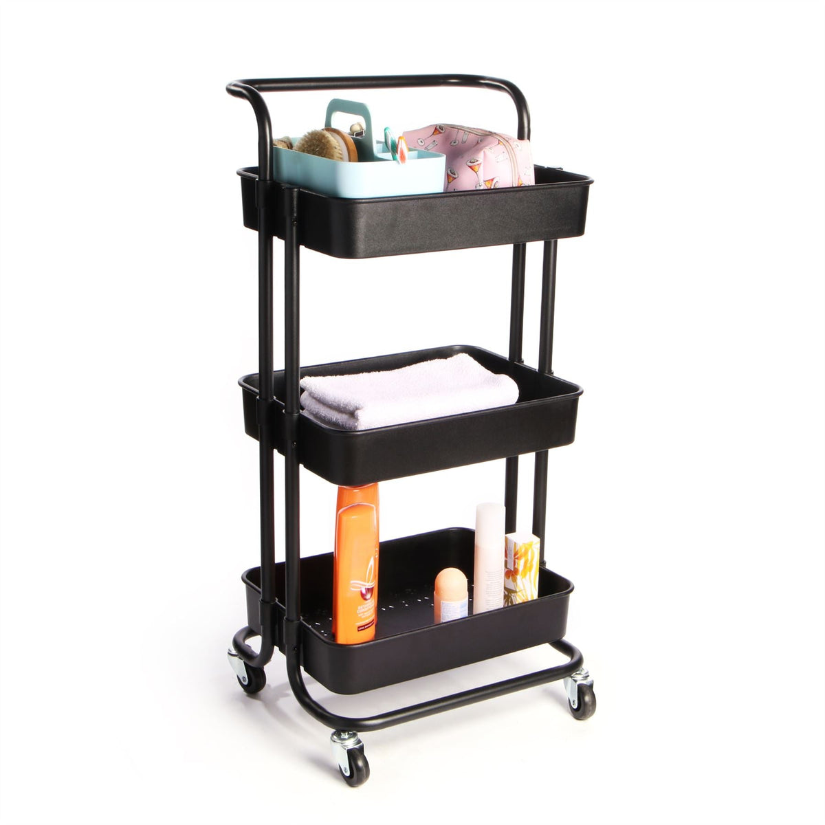 Maison & White 3 Tier Storage Trolley | Black | ABS Plastic & Powder Coated Steel Frame | 43x36x86cm | 4 Rubber Wheels 2 Locking | 10kg Per Tier | Rust & Scratch Resistant | Kitchen Bathroom Bedroom Office | 2-Year Warranty