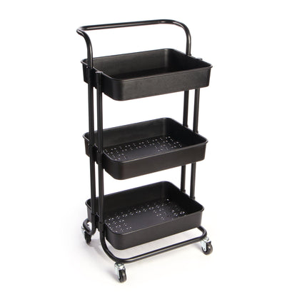 Maison & White 3 Tier Storage Trolley | Black | ABS Plastic & Powder Coated Steel Frame | 43x36x86cm | 4 Rubber Wheels 2 Locking | 10kg Per Tier | Rust & Scratch Resistant | Kitchen Bathroom Bedroom Office | 2-Year Warranty