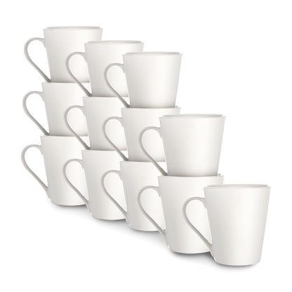 Maison & White White Porcelain Coffee Mugs | Set of 12 | 285ml Stackable Tea Cups | Dishwasher & Microwave Safe