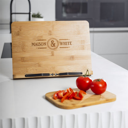 Bamboo Recipe Book Stand | Adjustable & Foldable | 2 Metal Page Holders | Tablet Rest | Water-Resistant | 33.5x24x4.4cm | 2-Year Warranty