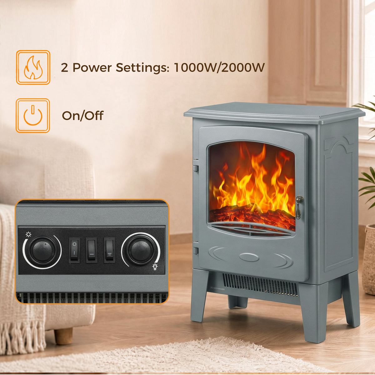 Freestanding Electric Fireplace Stove | Red LED Flame | 1000W/2000W | Forced-Air Fan | Grey