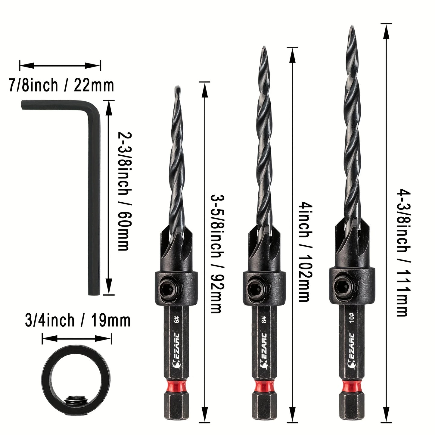 EZARC 5 Piece Countersink Drill Bit Set, 1/4" Hex Shank Quick Change Tapered Drill Bits Counter Sinker Woodworking Pilot Screw Hole