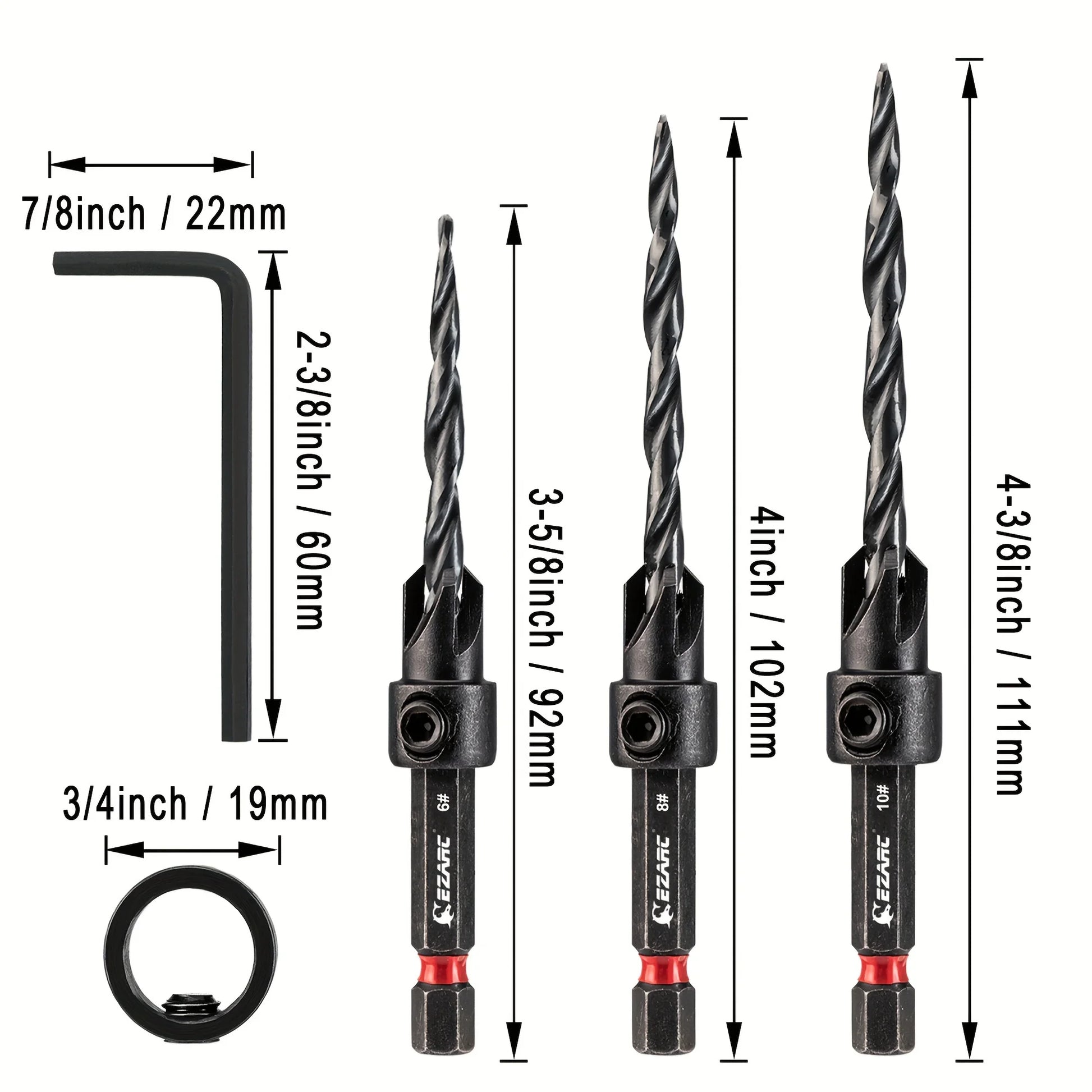 EZARC 5 Piece Countersink Drill Bit Set, 1/4" Hex Shank Quick Change Tapered Drill Bits Counter Sinker Woodworking Pilot Screw Hole