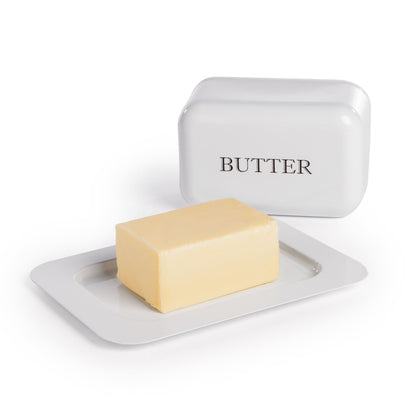 Maison & White Enamel Butter Dish with Lid | Steel Enamel Powder Coating | Tight-Seal Removable Lid | Drop-Resistant | Recessed Non-Slip Base | Fits Square European Butter | Vintage White Design | 20x14.5x7.5cm | 2-Year Warranty