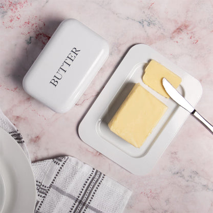 Maison & White Enamel Butter Dish with Lid | Steel Enamel Powder Coating | Tight-Seal Removable Lid | Drop-Resistant | Recessed Non-Slip Base | Fits Square European Butter | Vintage White Design | 20x14.5x7.5cm | 2-Year Warranty