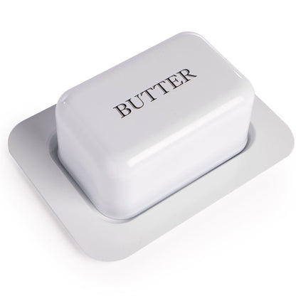 Maison & White Enamel Butter Dish with Lid | Steel Enamel Powder Coating | Tight-Seal Removable Lid | Drop-Resistant | Recessed Non-Slip Base | Fits Square European Butter | Vintage White Design | 20x14.5x7.5cm | 2-Year Warranty