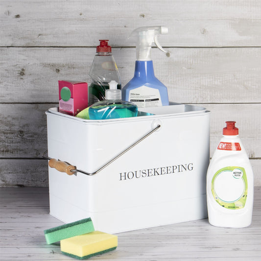 Vintage Cleaning Caddy | Metal & Wood | Deep Main Compartment | Removable 3-Section Tray | Swing Handle | Housekeeping Print | 21x33x21cm | 2-Year Warranty | White