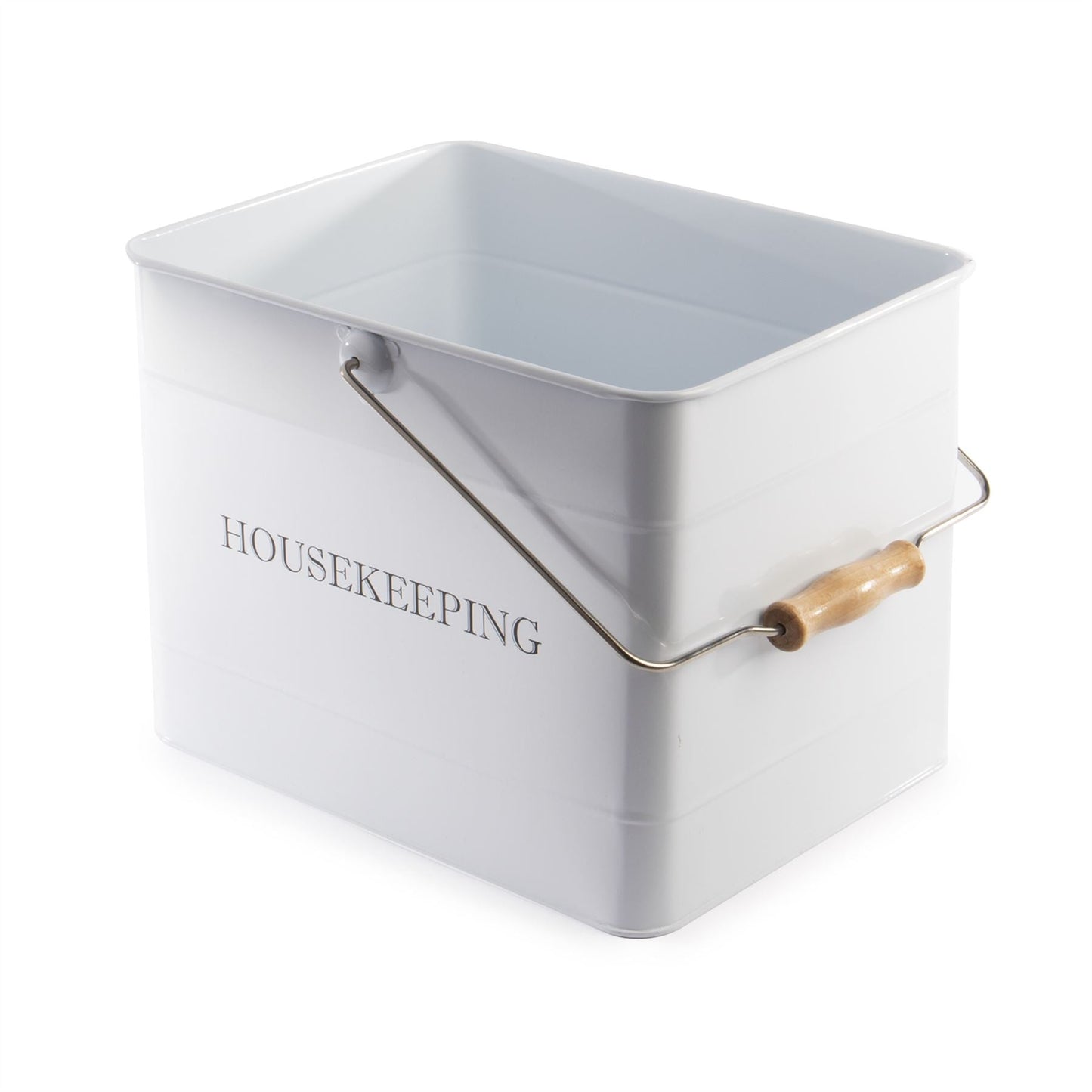 Vintage Cleaning Caddy | Metal & Wood | Deep Main Compartment | Removable 3-Section Tray | Swing Handle | Housekeeping Print | 21x33x21cm | 2-Year Warranty | White