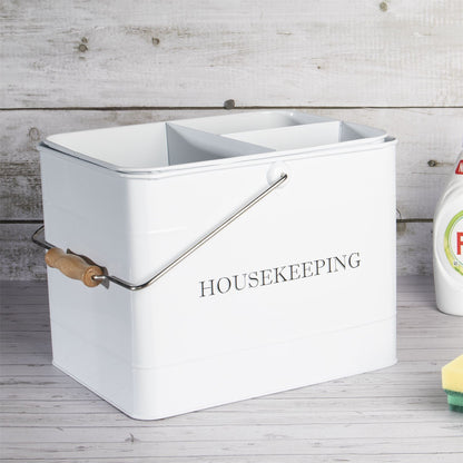 Vintage Cleaning Caddy | Metal & Wood | Deep Main Compartment | Removable 3-Section Tray | Swing Handle | Housekeeping Print | 21x33x21cm | 2-Year Warranty | White