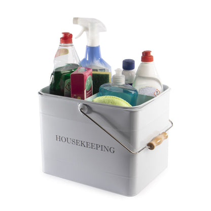 Vintage Cleaning Caddy | Metal & Wood | Deep Main Compartment | Removable 3-Section Tray | Swing Handle | Housekeeping Print | 21x33x21cm | 2-Year Warranty | White