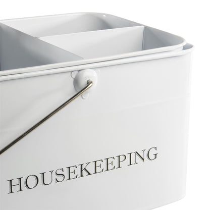 Vintage Cleaning Caddy | Metal & Wood | Deep Main Compartment | Removable 3-Section Tray | Swing Handle | Housekeeping Print | 21x33x21cm | 2-Year Warranty | White