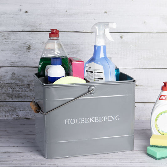 Vintage Cleaning Caddy | Metal & Wood | Deep Main Compartment | Removable 3-Section Tray | Swing Handle | Housekeeping Print | 21x33x21cm | 2-Year Warranty | Grey