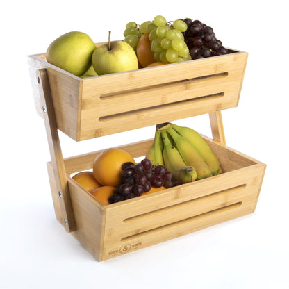 Maison & White 2 Tier Bamboo Storage Basket | Natural Countertop Organiser | Kitchen, Bathroom & Desk Storage | 30cm Wide