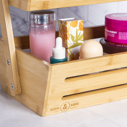 Maison & White 2 Tier Bamboo Storage Basket | Natural Countertop Organiser | Kitchen, Bathroom & Desk Storage | 30cm Wide