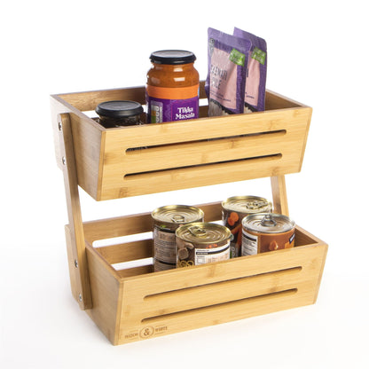Maison & White 2 Tier Bamboo Storage Basket | Natural Countertop Organiser | Kitchen, Bathroom & Desk Storage | 30cm Wide