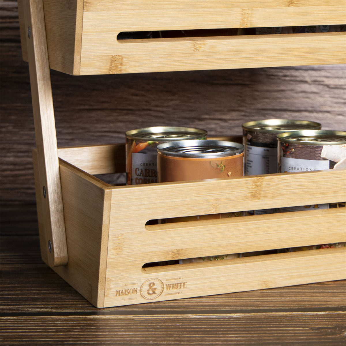 Maison & White 2 Tier Bamboo Storage Basket | Natural Countertop Organiser | Kitchen, Bathroom & Desk Storage | 30cm Wide