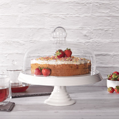 Maison & White White Ceramic Cake Stand with Glass Dome | 26.5cm Pedestal Display | For Cakes up to 24cm