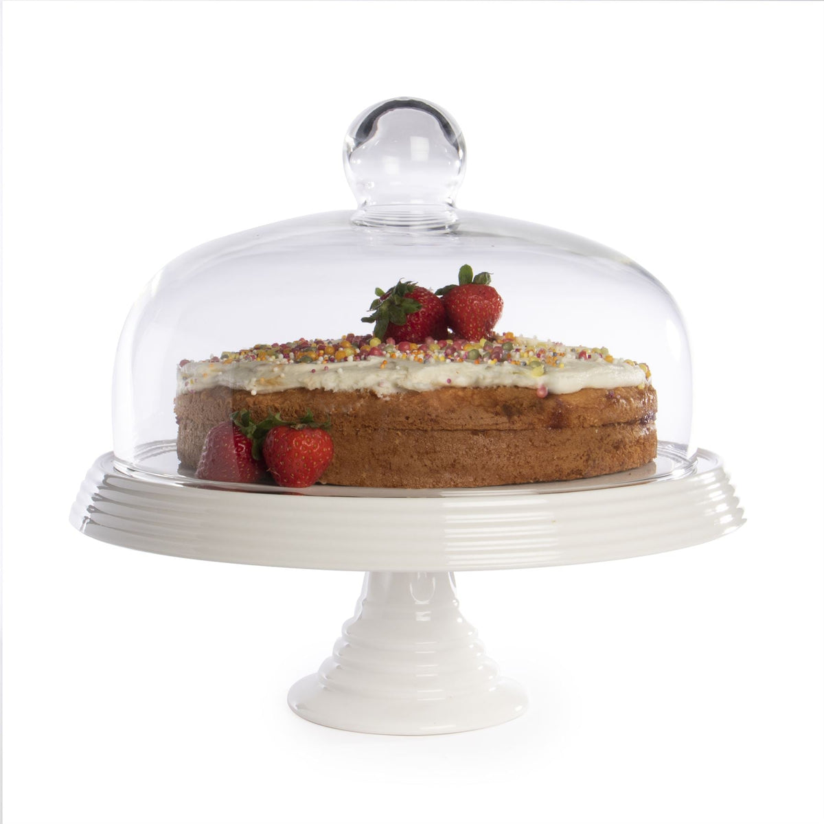 Maison & White White Ceramic Cake Stand with Glass Dome | 26.5cm Pedestal Display | For Cakes up to 24cm