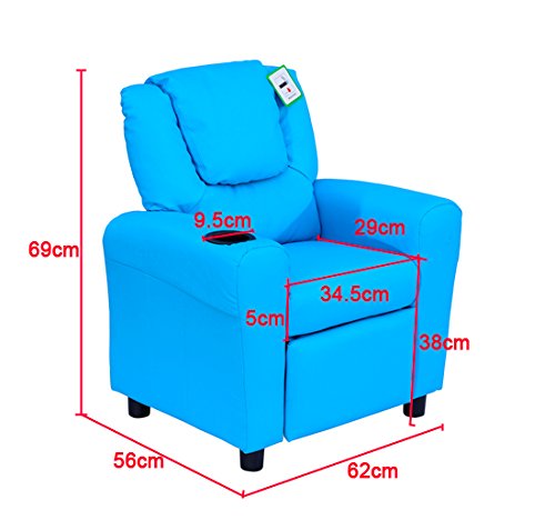 Kids Children's Faux Leather Comfy Recliner Armchair With Cup Holder Blue / Pink
