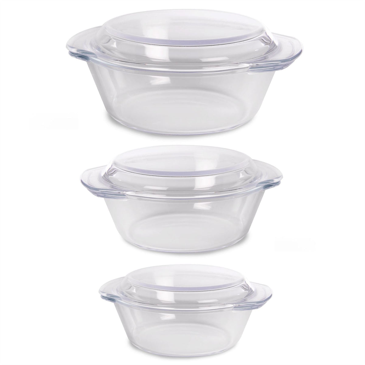 Maison & White Borosilicate Glass Cooking Dishes Set of 3 with Lids | Carry Handles | Oven Microwave Freezer Dishwasher Safe | Small Medium Large | Casserole Baking Roasting | 2-Year Warranty