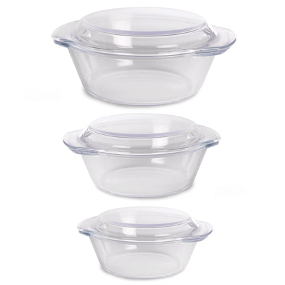 Maison & White Borosilicate Glass Cooking Dishes Set of 3 with Lids | Carry Handles | Oven Microwave Freezer Dishwasher Safe | Small Medium Large | Casserole Baking Roasting | 2-Year Warranty