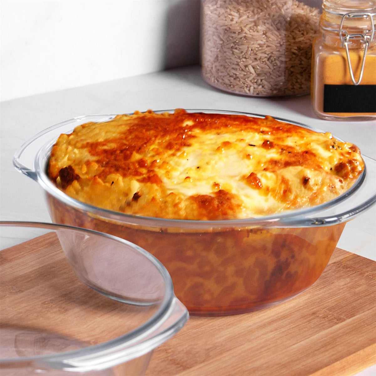 Maison & White Borosilicate Glass Cooking Dishes Set of 3 with Lids | Carry Handles | Oven Microwave Freezer Dishwasher Safe | Small Medium Large | Casserole Baking Roasting | 2-Year Warranty