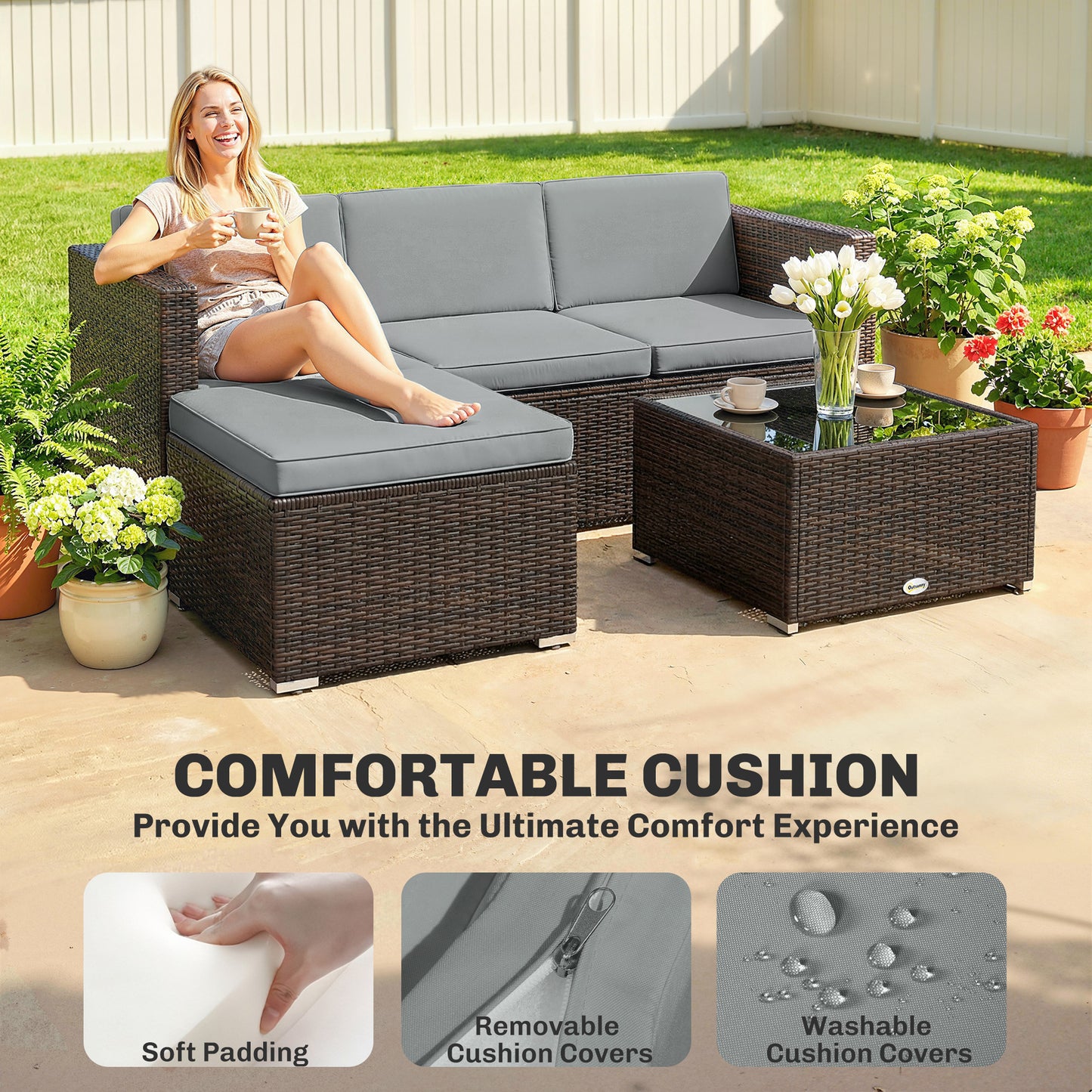 3 Piece Rattan Garden Sofa Set | 3 Seater Sofa | Ottoman | Coffee Table | Tempered Glass | Galvanised Steel | Hand-Woven PE Rattan | Zipped Cushions | 360kg | Light Grey