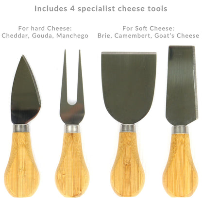 Maison & White Bamboo Cheese Board | 40cm Serving Platter with Hidden Drawer | 3 Cheese Knives & Fork | Charcuterie & Entertaining Set