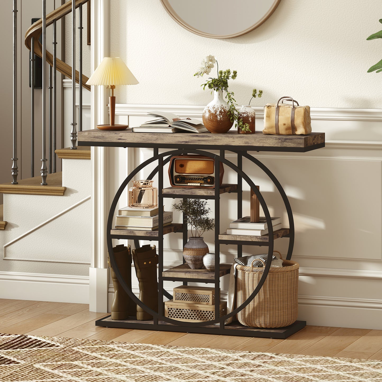 Industrial Console Table with Storage Shelves - Rustic Brown
